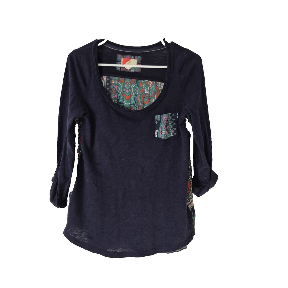 Anthropologie Paper Locket Top Womens S Blue Paisley Accordian Tee Roll Tab Boho